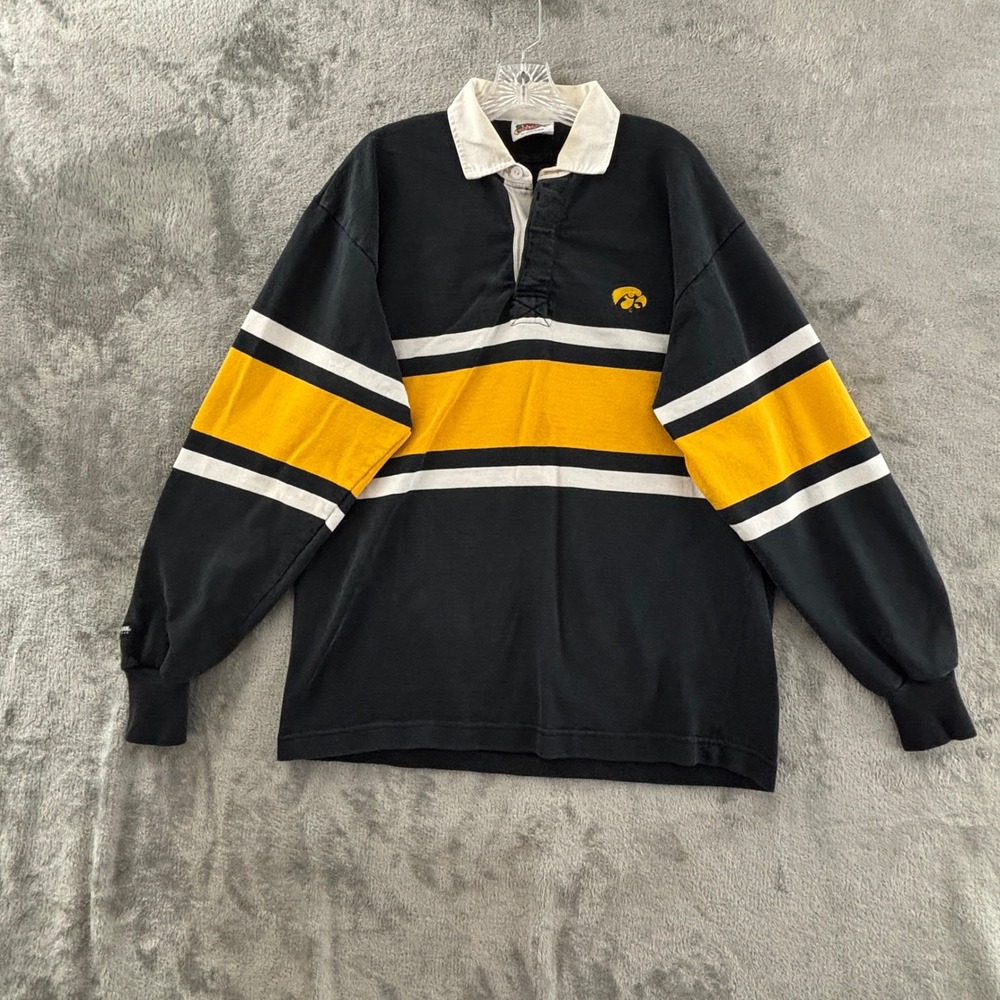 Vintage Iowa Hawkeyes Rugby Shirt Mens XL Black Gold Stripe Barbarian Flaws